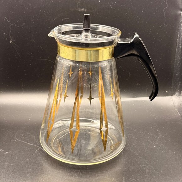 Vintage MCM Pyrex 8-Cup Coffee Carafe Gold Atomic Starburst Design Black Handle - Picture 2 of 7